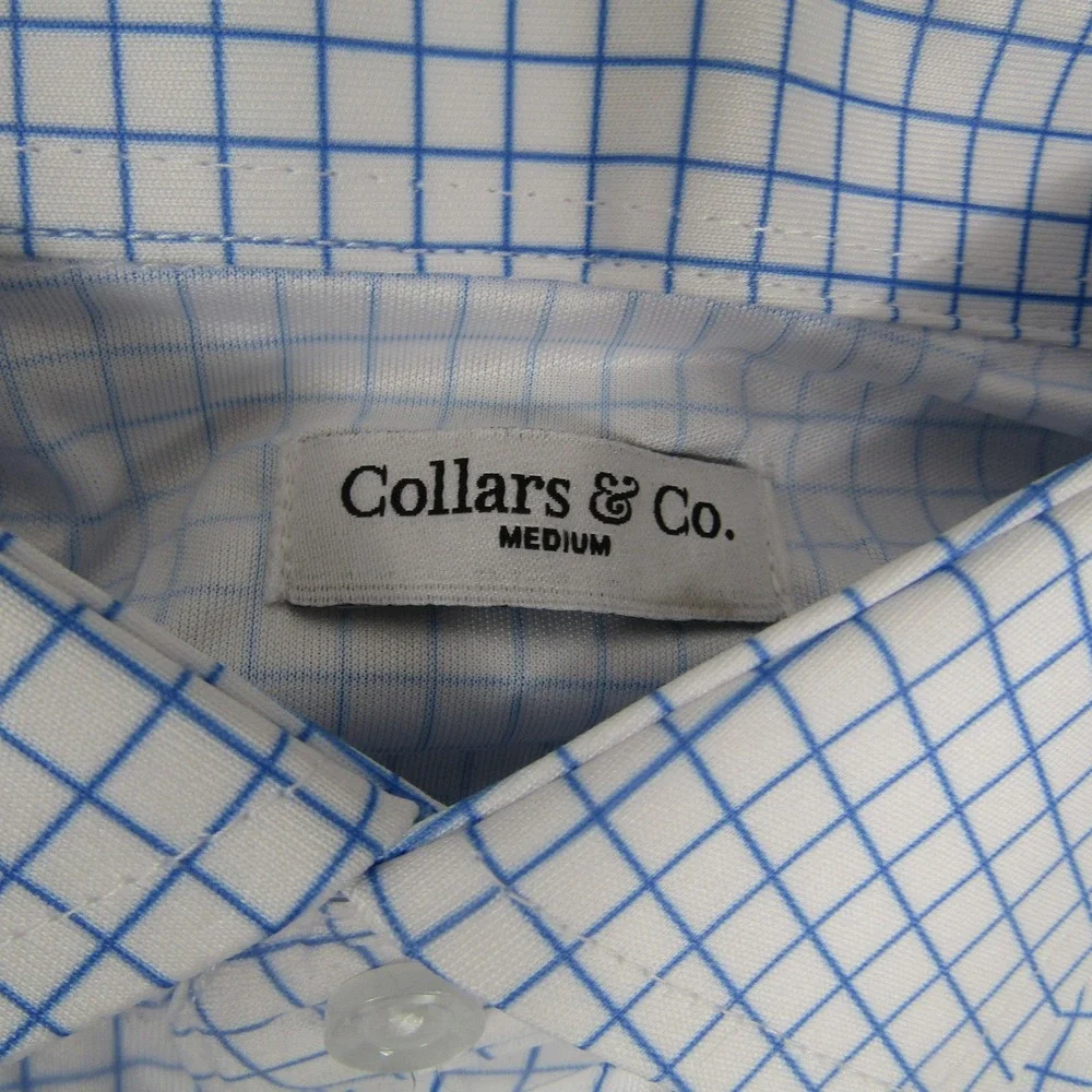 Collars & Co Polo Shirt Mens Medium White‎ Blue Check Dress Collar Golf Top